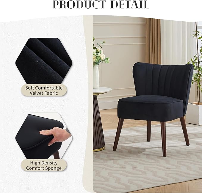 Modern Velvet Accent Chair Set of 2 Soft Upholstered Living Room Chair with Wooden Legs Comfy Armless Lounge Chair for Living Room/Makeup/Office/Bedroom Black