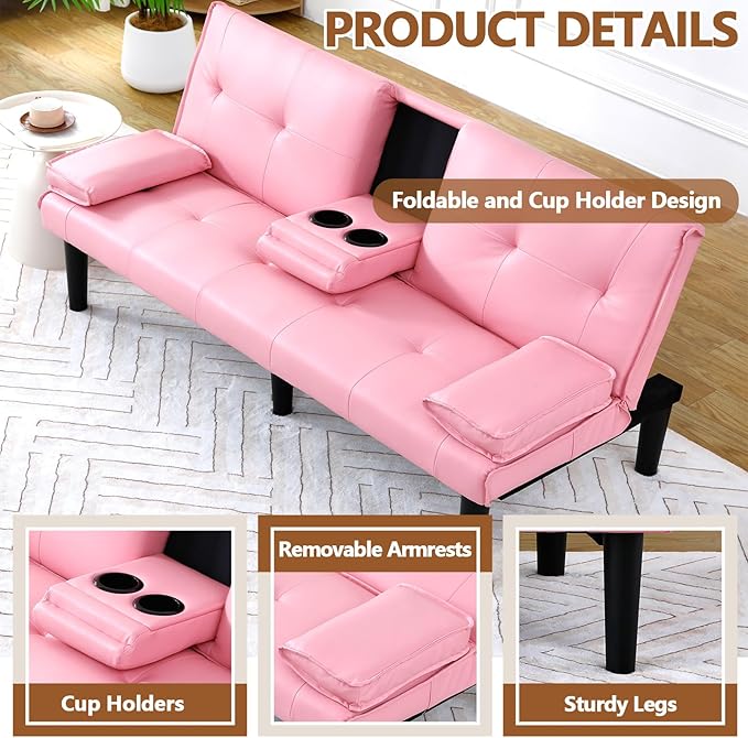 67” Futon Sofa Bed with Pillows Modern Convertible Futon Couch with 2 Cup Holders&amp Removable Armrests for Small Spaces Living Room Solid Wood Frame (Pink PU Leather)