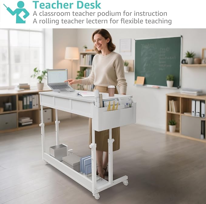 White Portable Rolling Computer Desk - 40 Inch Adjustable Mobile Standing Teacher Desks with 3 Fabric Drawers on Wheels Couch Sofa Side Laptop Stand Up Table with Storage for Home Office White