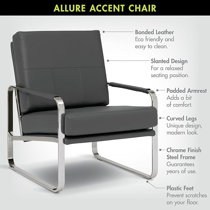 Studio Designs Home Allure Modern Accent Chair in Blended Leather Chrome/Smoke Gray
