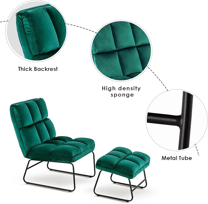MCombo Velvet Accent Chair with Ottoman Set Modern Armless Chair for Living Room Bedroom Small Space 0014 (Velvet Dark Green)