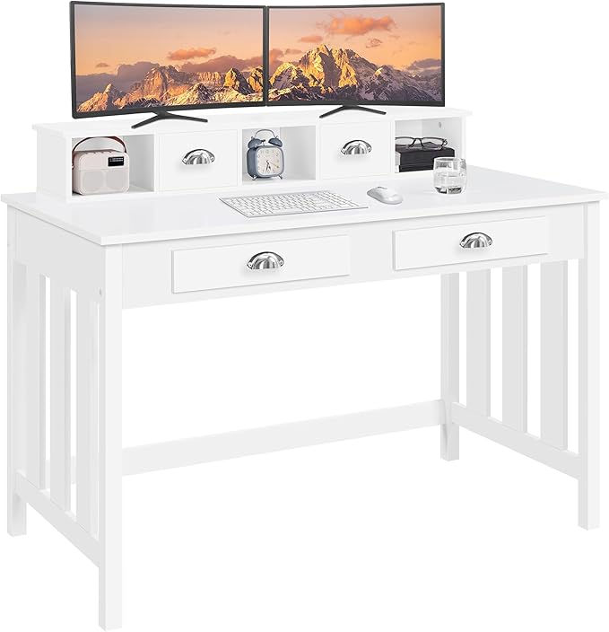 Yaheetech 47 Inch Large Computer Desk White Home Office Workstation with 4 Storage Drawers Modern PC Work Table 23 Deep with Monitor Stand for Screen Wood Stable Executive Table with Large Desktop
