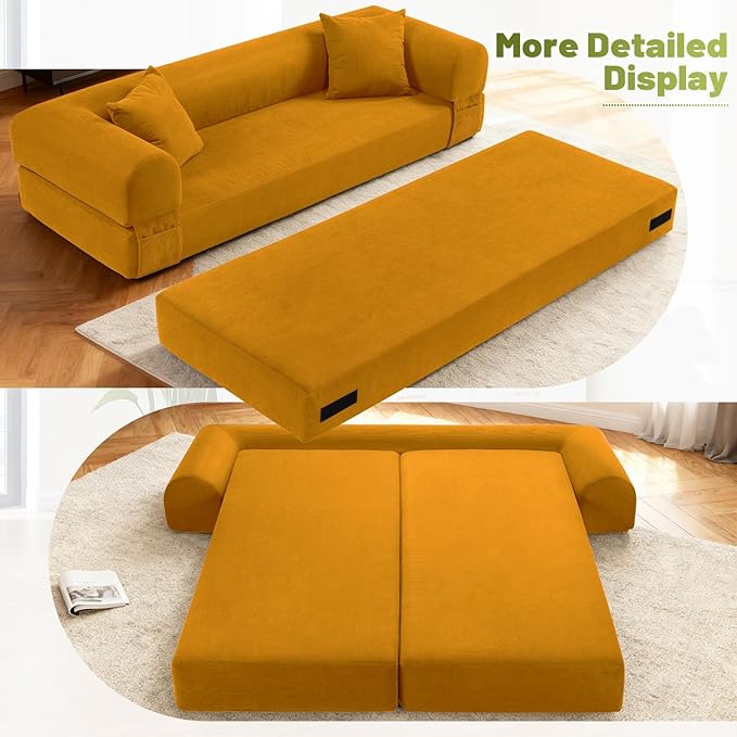 80 Convertible Sofa BedCorduroy Folding Sleeper Sofa Bed Queen with Pillows &amp StorageModular Pull Out Couches Boneless Couch for Living RoomCompressed Couch in a BoxYellow