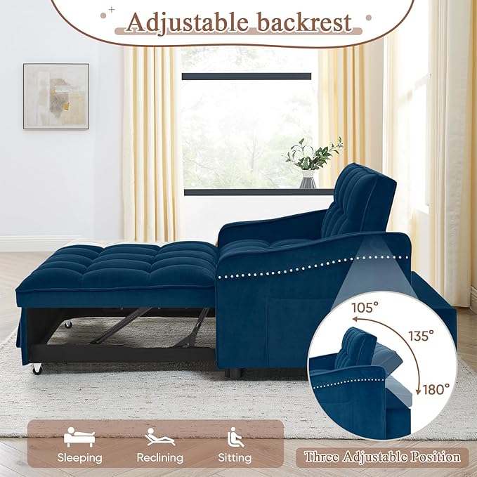 Antetek 3 in 1 Sleeper Sofa Couch Bed with USB &amp Type C Port 52 Small Modern Convertible Tufted Velvet Loveseat Sofa w/Pull Out Bed for Living Room Small Space Apartment Blue