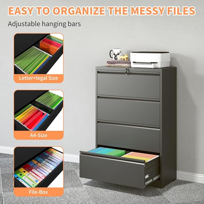 Lateral File Cabinet with Lock – Heavy-Duty Metal Filing Cabinet for Home Office Space-Saving Wide Storage for Letter/Legal/A4/F4 Silent Full-Extension Slides Easy-Assembly (Black + Classic)