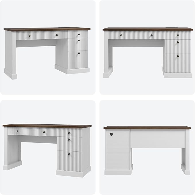 Garvee Fluted Home Office Desk Storage 54 Modern Executive Desk with Charging Station Wooden Computer Writing Desk with File Cabinet &amp Drawers for Study Living Room Bedroom