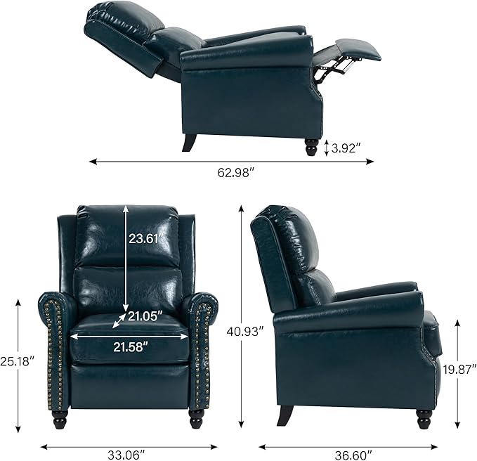 Faux Leather Recliner Chair Modern Pushback Armchair with Adjustable Backrest &amp Footrest for Bedroom Living Room (Dark BlueSet of 1)