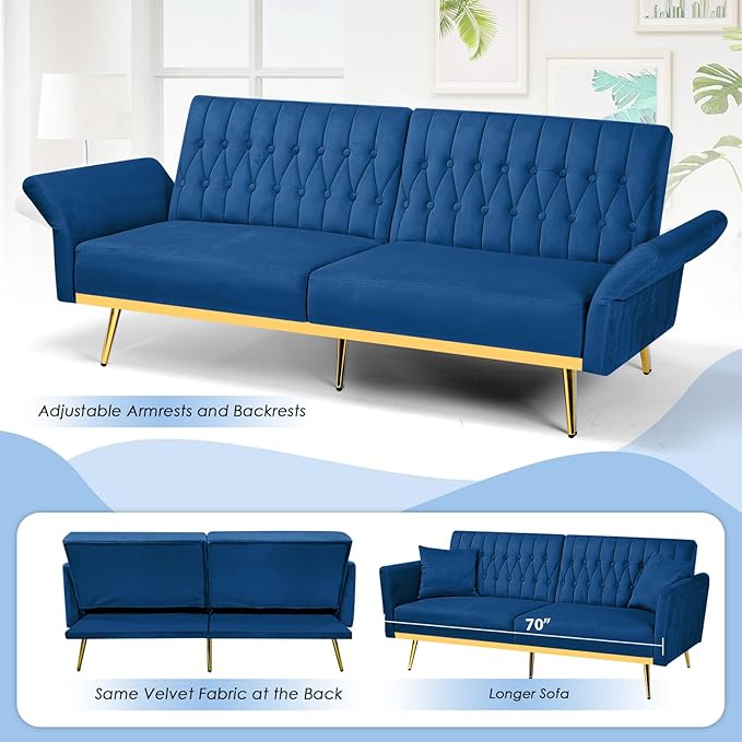 70 Velvet Futon with Adjustable Backrest and Armrests Sofa Bed with Extra Pillows for Waiting Room Living Room and Office Blue