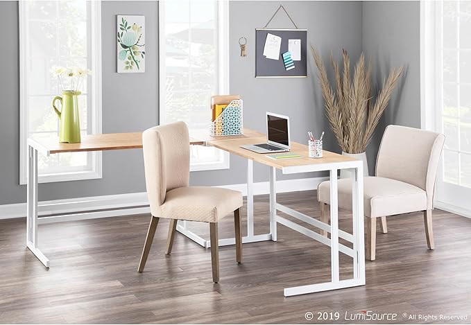 LumiSource Roman L Shaped Desk Home Office Desk Computer Desk White Desk Natural Wood Desk for Bedroom L Shaped Gaming Desk Farmhouse Desk