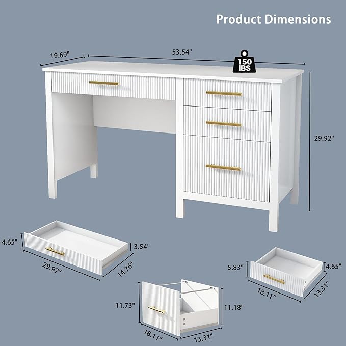 White Computer Desk with Storage: 54 Wooden Executive Office Desk with 4 Drawers Home Office Desks with File Drawers Fluted Writing Desks for Study Living Room