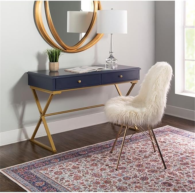Pemberly Row Writing Desk 47.5 W x 19.5 D x 29.25 H MDF and Metal Blue Top with Gold Criss Cross Legs 2 Drawer Storage Modern Style for Office or Workspace