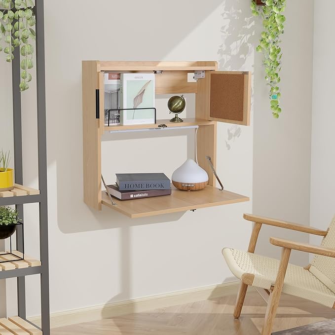 ARTETHYS Wall Mounted Desk with LED Light Multifunctional Fold Down Laptop Computer Table Writing Workstation with Storage Compartments Space Saving for Home Office Wood Color