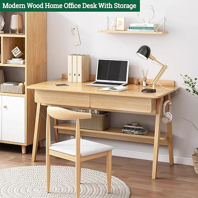 Scandinavian Solid Wood DeskSmall Home Office Desk with Drawers and ShelvesWriting Desk WorkstationContemporary Computer Desk Study Desk Table