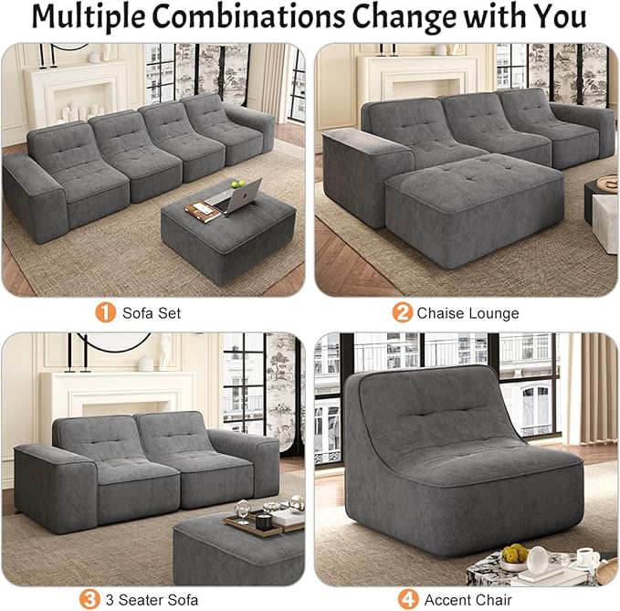 143.7 Modern Modular Sofa Set Sectional Couches for Living Room Boneless L Shaped Sofa with Movable Ottoman Oversized Couches Sparkling Chenille Fabric (Grey 5 Seat)