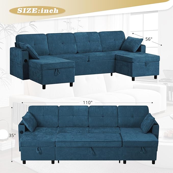 110 Inches Chenille Sectional Sofa w/Pull Out Sofa Bed &amp Adjustable Back Tufted U Shaped Couch w/Two Storage Chaises Sleeper Sectional Sofa w/USB Port &amp Cup Holders for Living Room Blue