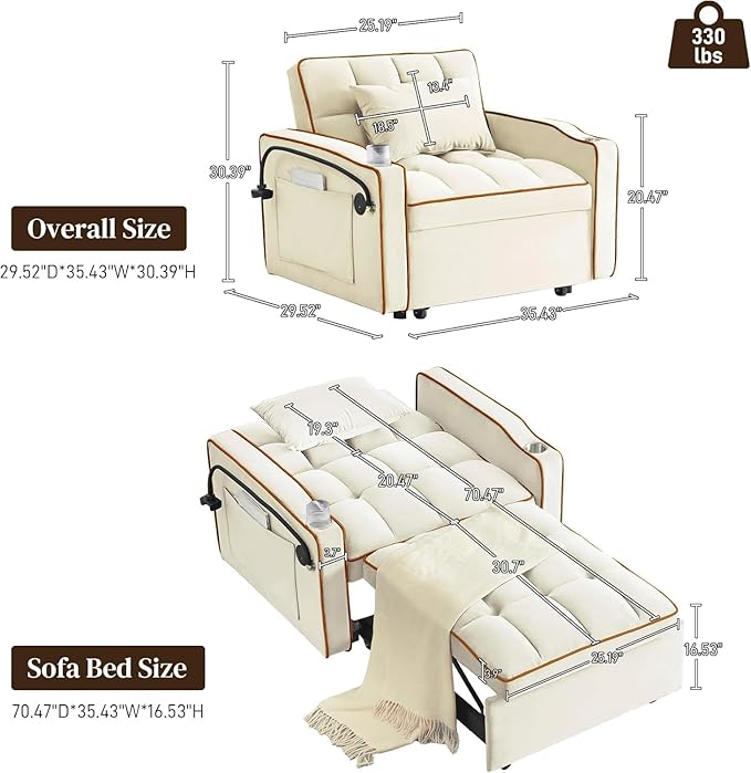 Sleeper Sofa Chair Bed 3 in 1 with Charging Ports Phone Holder &amp Cup Holders - Modern Velvet Convertible Pull Out Single Sofa Bed for Small Spaces Apartment Dorm (Beige)