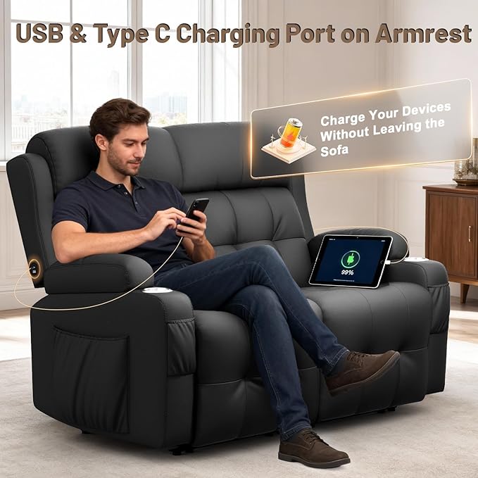 Reclining Loveseat Wall-Hugger Loveseat Recliner Design with USB/Type C Charging &amp Storage &amp Cupholder Pebble-Weave Fabric Recliner Sofa Couch for Living Room Home Theater &amp RV Use