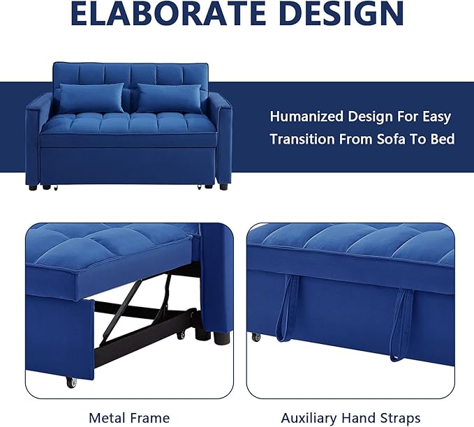 54 Convertible Sofa Bed Velvet Sleeper Sofa with Pull-Out Bed 3-in-1 Futon Couch with Reclining Backrest and Side Pocket Modern Loveseat for Living Room (Dark Blue)