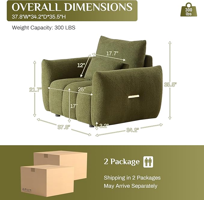Teddy Cloud Sofa Couch Modern Deep Seat Boucle Single Sofa Chair Comfy Upholstered Sherpa Couch with Pillow Oversized Accent Armchair for Living Room Apartment Office Olive Green