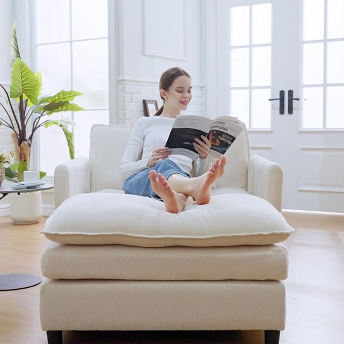 Oversized Accent Chair with Ottoman Beige Chenille Modern Cloud Chaise Lounge Chair Indoor with Deep Seat Upholstered Comfy Armchair Reading Chair for Bedroom Living Room Apartment