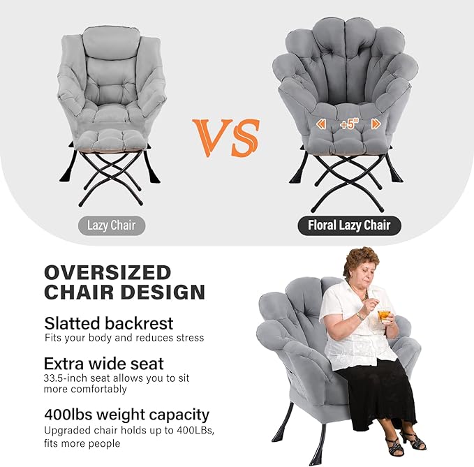 Lazy Chair With Ottoman Comfy Reading Lounge Accent Chair Leisure Floral Butterfly Armchair With Foding Footrest Wrapped Sturdy Soft Chair For Bedroom Dorm Room Living room（light grey）