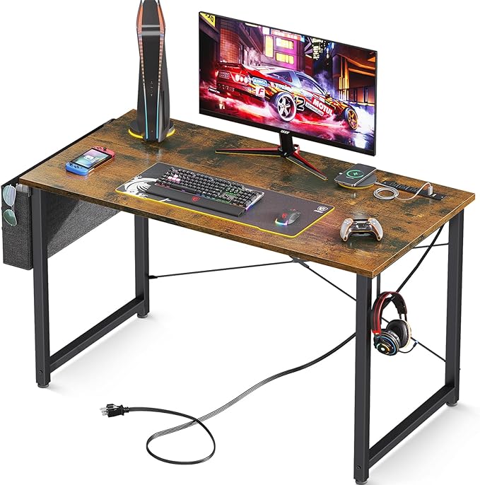 AODK 40 inch Small Computer Desk with Power Outlet for Small Spaces Home Office Student Laptop PC Writing Desks with Storage Bag Headphone Hook Vintage