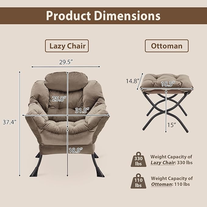 Lazy Chair with Folding Ottoman Accent Chair Velvet Upholstered with Metal Structure and Non-Slip Pads Sofa Armchair with Footrest and Side Storage Bag for Dorm Room Office Dark Gray