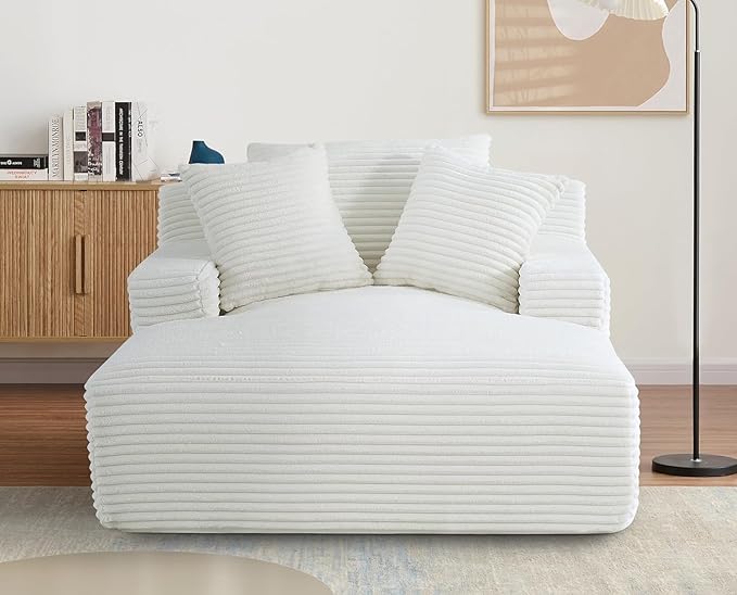 Container Furniture Chamden Oversized Chaise Lounge Chair Modern Corduroy Sofa Bed with Full Foam Cushioning Cozy Convertible Sleeper for Living Room or Bedroom Ivory