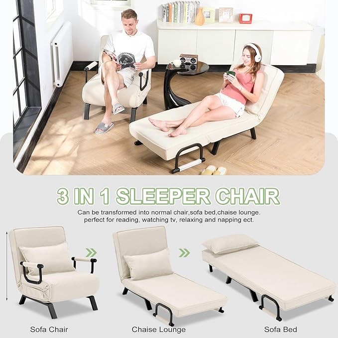 Folding Sofa Bed Sleeper Chair3-in-1 Single Convertible Sofa with Adjustable BackrestLazy Bed Leisure Recliner with PillowTri-fold Upholstered Armchair (Beige Standard)
