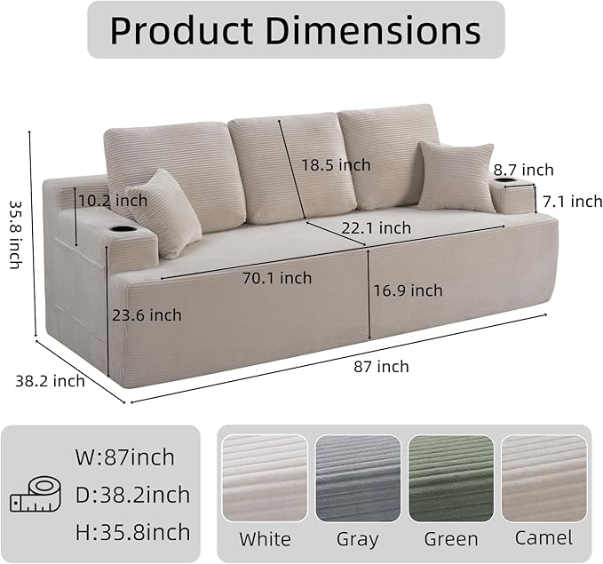 87 Modern 3-Seater loveseat Sofa Comfy Deep Seat Boneless Couch with Plush Corduroy Fabric Built-in Cup Holders &amp Side Storage Pockets for Living Room Bedroom and Apartment