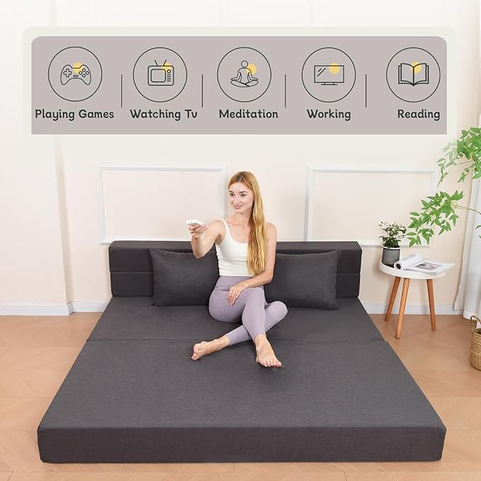 Folding Sofa Bed Foldable Bed Sleeper Chair with Pillow Convertible Sofa Bed with Washable Cover Fold Out CouchFuton Couch for Living Room Dorm Guest Room Queen Size Dark Grey