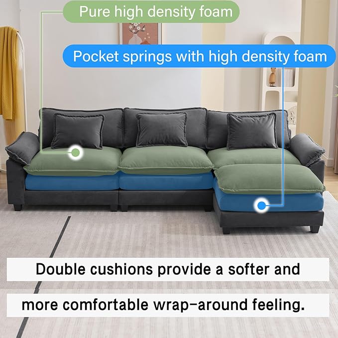 L Shape Sofa Comfy Sectional Cloud Couch for Living Room with Pillows Modern Velvet Sofa Sleeper Deep Couches with Ottoman (Grey 4-Seat)