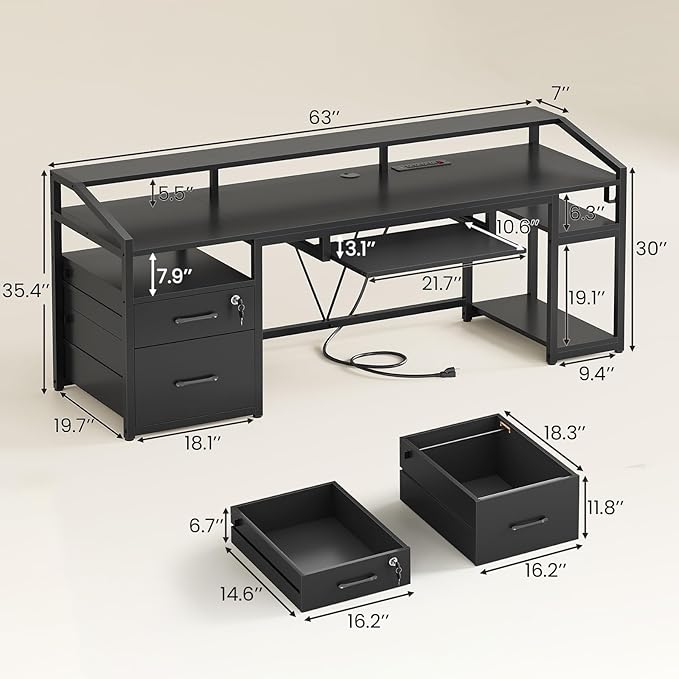 SEDETA 63 Computer Desk Office Desk with Lockable Drawers for Legal/Letter File Gaming Desk with LED Lights &amp Power Outlet Home Office Desks with Storage Black
