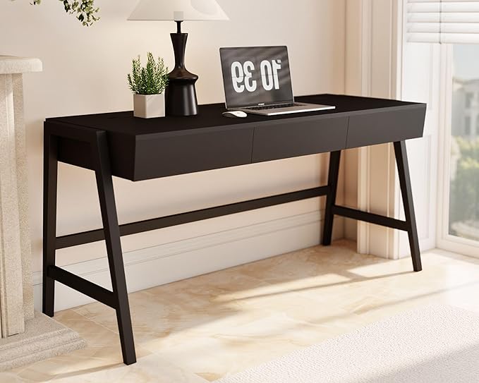 HNY 59 Inches Black Wooden Writing Desk with 3 Drawers Computer Study Table with MDF Top Solid Rubberwood Legs and Hidden Cable Management Holes Corner Makeup Vanity Desk for Home Office Bedroom