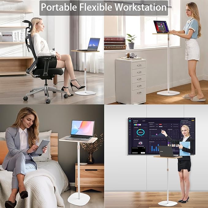Small Laptop Standing Desk 18“H - 46”H Adjustable Height Pedestal Side Table with Wooden Top Portable Tall End Table Stand-Up Desk for Bedside Couch Sofa Living Room Bedroom Home Office White