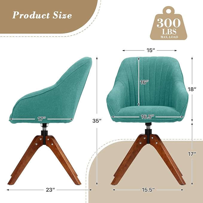 Athena Collection Modern Green Linen Upholstered Swivel Armchair Comfortable Office Desk Chair 360 Swivel Ergonomic Design