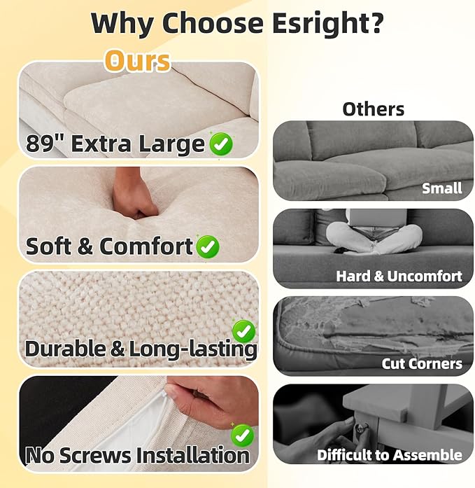 Esright 89'' Cloud Couches for Living Room 3 Seats Sectional Sofa Couch Chenille Modular Couch Sofa with Removable Pillows Oversized Modern Cozy for Studio Apartment Cream White