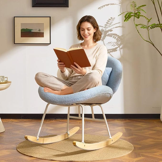 VINGLI 25.6 Extra Wide Nursery 115° Armless Rocking Chair Curved Cute Cross-Legged Glider Chair with Pillow &amp Solid Wood Nursing Chair for Bedroom Living Room Teddy Fleece Light Blue