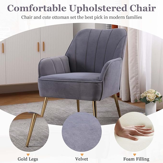 Accent Chair with Arms Arm Chair with Gold LegsVelvet Upholstered Reading Chair with Back for Living Room Bedroom (Grey 2)