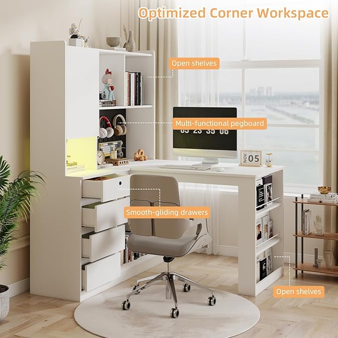 L Shaped Desk with Hutch and 4 Drawers Computer Desk with USB Ports Power Outlets &amp LED Light Wood Corner Computer Desks with Storage Shelves for Home Office White Right Long