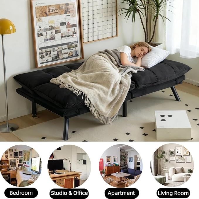 71-inch Microfiber Upholstered Futon Sofa Bed - 2 Seats Adjustable Arms/Back Iron Legs | Convertible to Sleeper for Main Living Spaces Bedrooms Offices (Black+2Seat)
