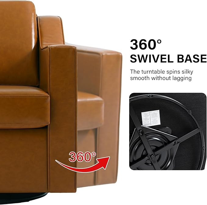 Swivel Accent Chair Modern Round Barrel Arm Chair for Living Room Bedroom Comfy Club Reading Chairs for Adults (Leather Brown Set of 2)