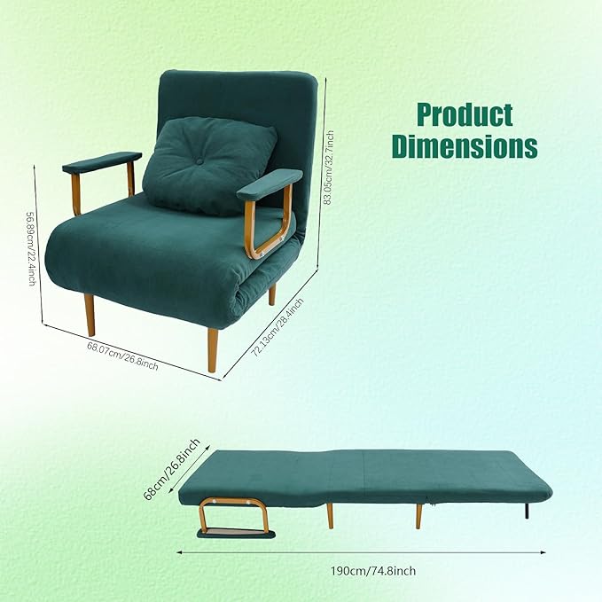 Convertible Sleeper Sofa Bed 3 in 1 Multi-Functional Sofa Chair Bed with 5 Position Adjustable Backrest Folding Sofa Bed Floor Single Chairs Fold Out Chair Beds for Living Room (Green)