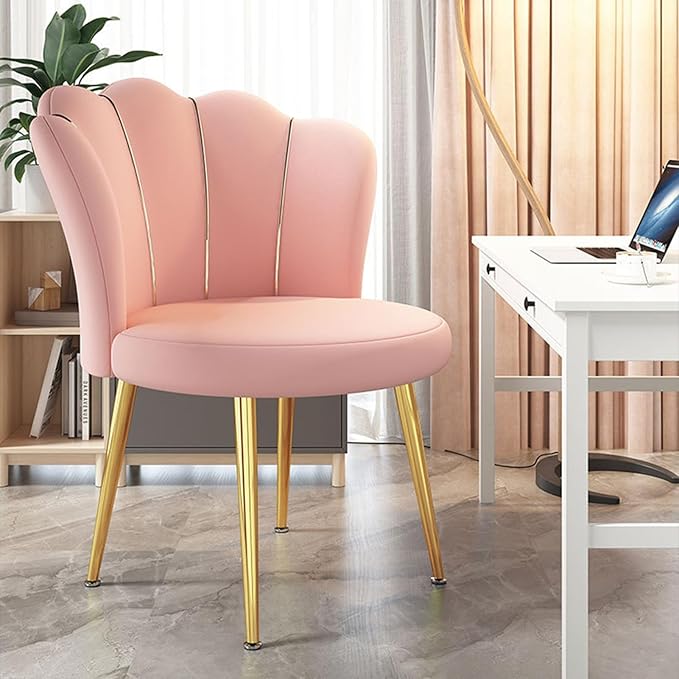 Mid-Century Modern Accent Chair Velvet Upholstered with Golden Legs - Versatile Dining Living Room Bedroom Study &amp Waiting Room Chair with Back Support Elegant Vanity Chair Pink