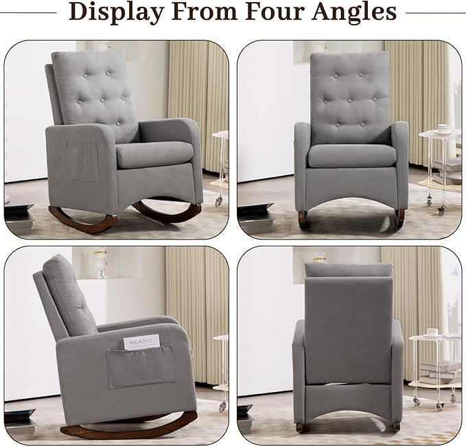 GarveeHome Upholstered Rocking Chair Accent Chair Nursery Rocking Chairs in Teddy Fabric with High Backrest Side Pocket and Rubber Wood Legs Comfy Nursing Chair for Living Room Gray (Gray)