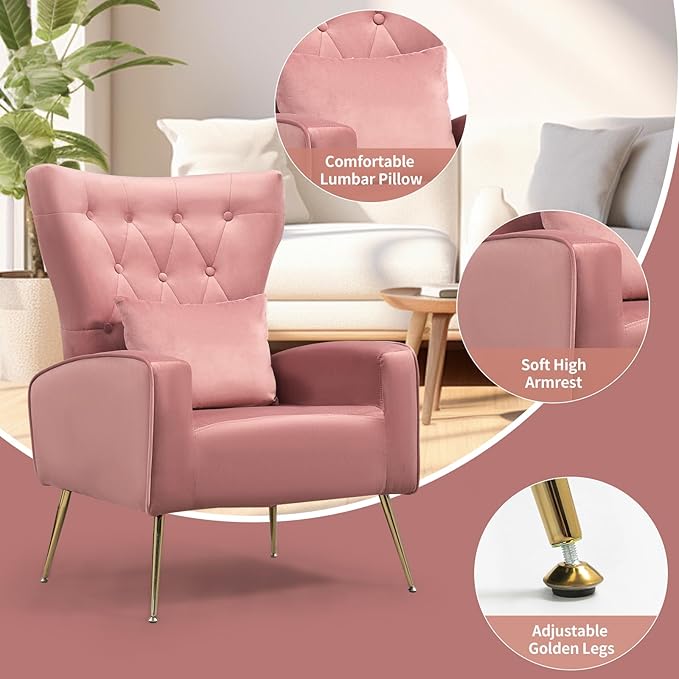 Button-Tufted Living Room Chairs Set of 2 WingBack Velvet Accent Chair Armchair with Lumbar Pillow Bedroom Chairs Vanity Chair Arm Chair with Golden Legs Pink