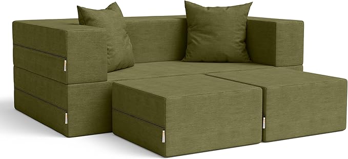 Jaxx Zipline Convertible Sleeper Loveseat &amp Ottomans/Queen-Size Bed Moss
