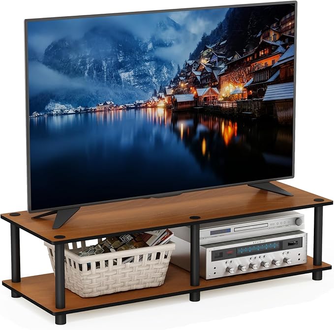 Furinno JUST TV Stand 2-Tier Wide Entertainment Center with Open Shelf No Tools TV Console for TV up to 46 Inch with Tubes for Living Room Bedroom Light Cherry