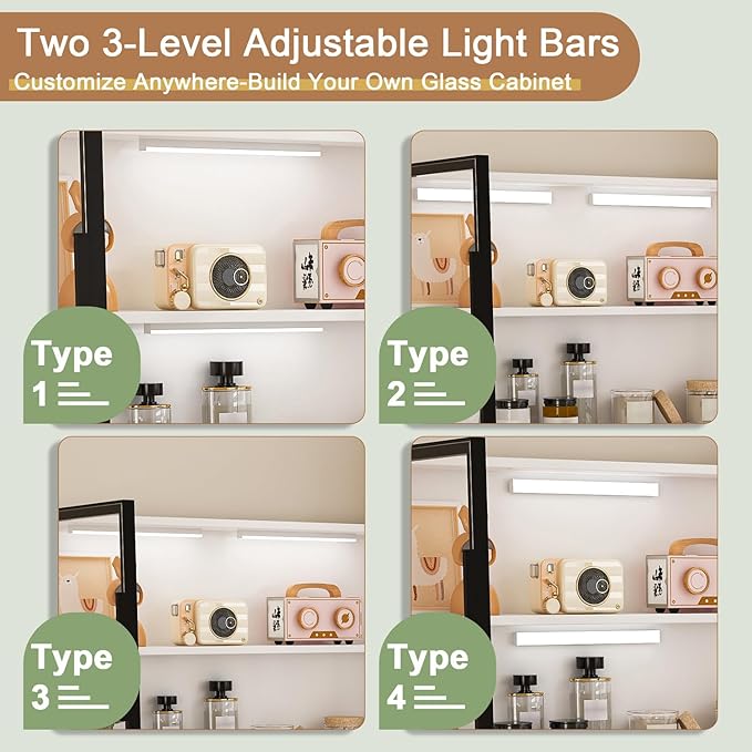 L Shaped Corner Desk with Keyboard Tray &amp Power Outlet Home Office Desk with LED Lighting &amp Storage Cabinet Computer Desks with Drawers/Glass Cabinets for Study Room Corporate (White)