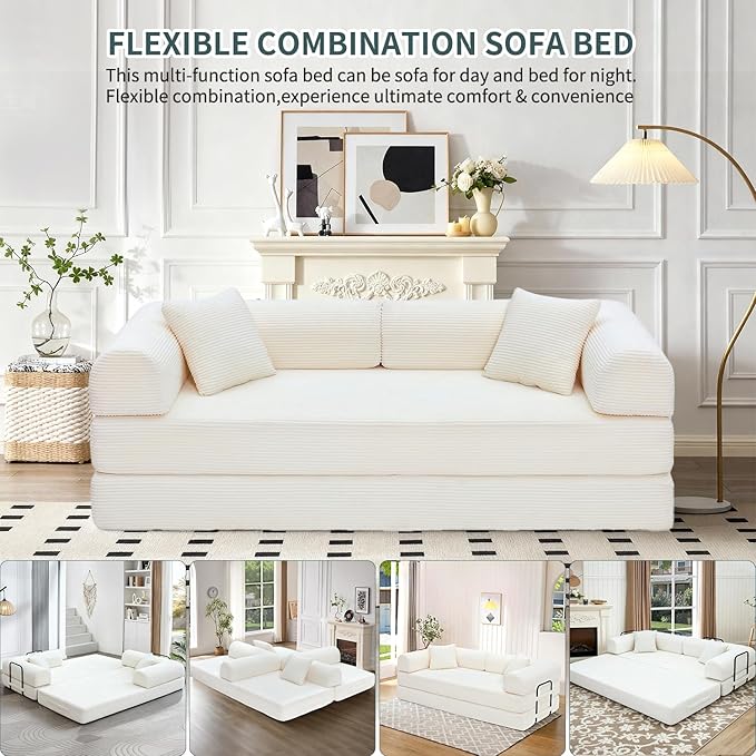 Convertible Sleeper Sofa Bed 1600lbs Weight Capacity Floor Sofa Bed with Fixed-Shape Frame Corduroy Foldable Couch for Small Space Lounge Mattress for Living Room Apartment Game Room (White)